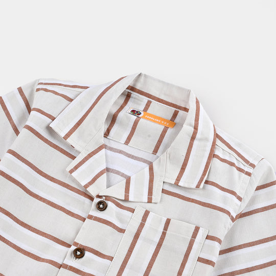 Boys Yarn Dyed Shirt H/S (Choco Lines) - Beige Stripes