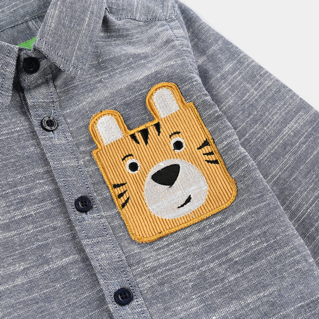 Infant Boys Yarn Dyed Shirt F/S (Bear Here) - Blue