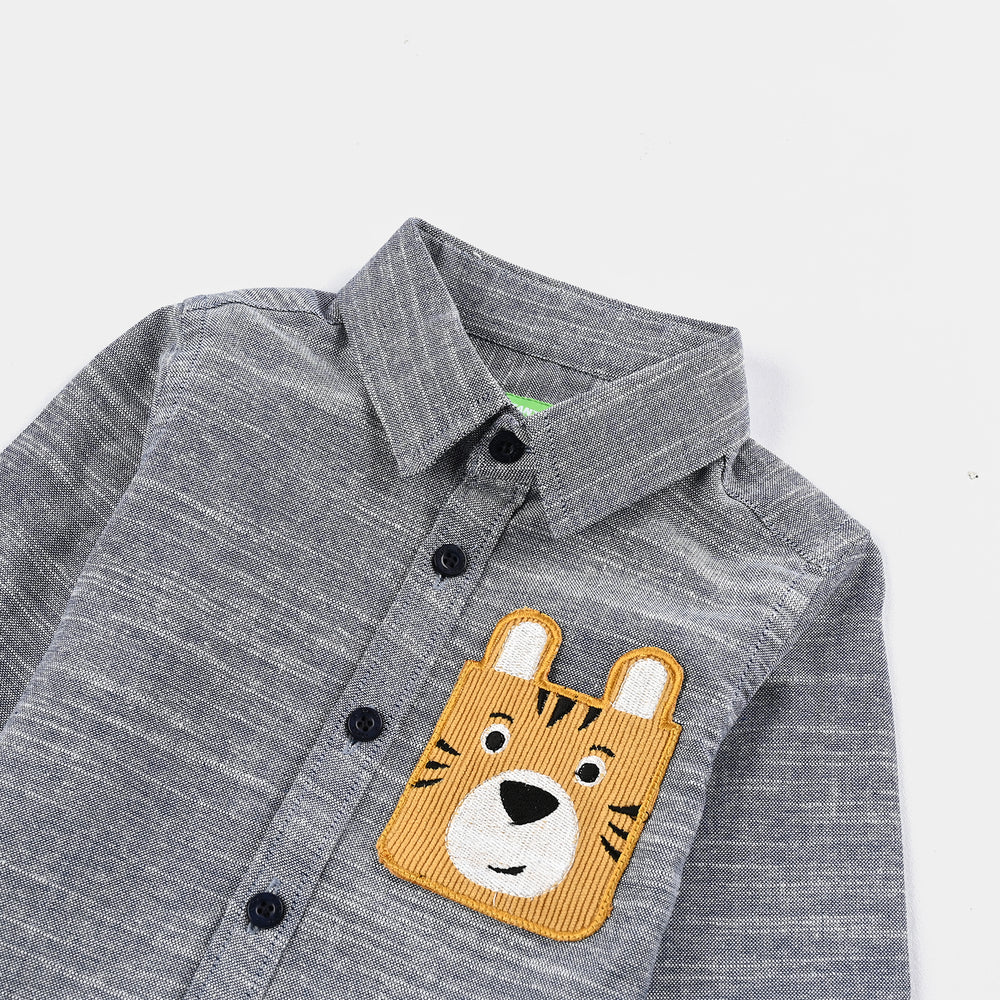 Infant Boys Yarn Dyed Shirt F/S (Bear Here) - Blue