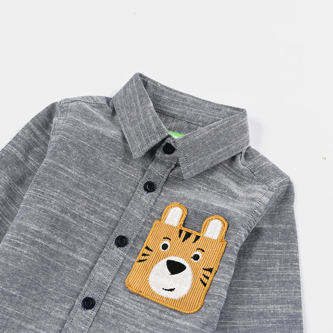 Infant Boys Yarn Dyed Shirt F/S (Bear Here) - Blue