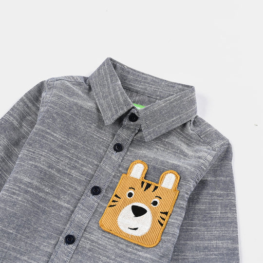 Infant Boys Yarn Dyed Shirt F/S (Bear Here) - Blue