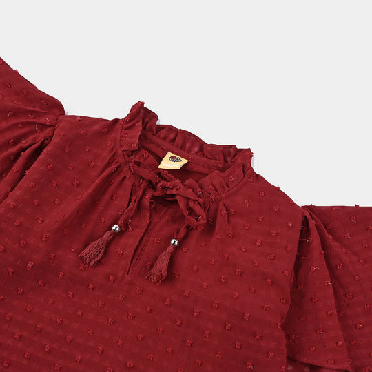 Girls Casual Top Flared Sleeves-MAROON Chiffon