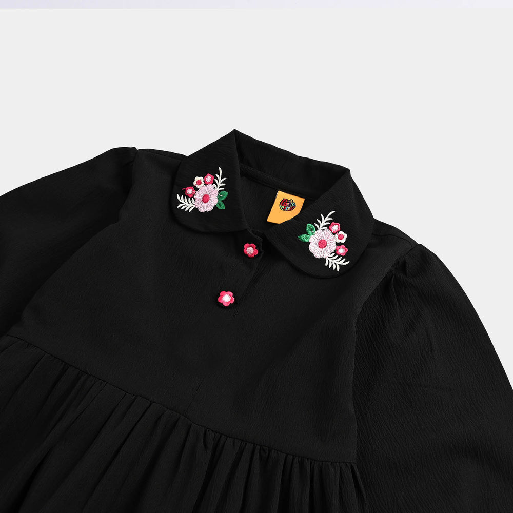 Infant Girls Poly Crinkle Emb Frock-BLACK