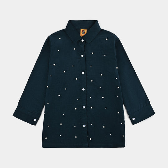 Girls Corduroy Emb Top Aqua-Teal.Green