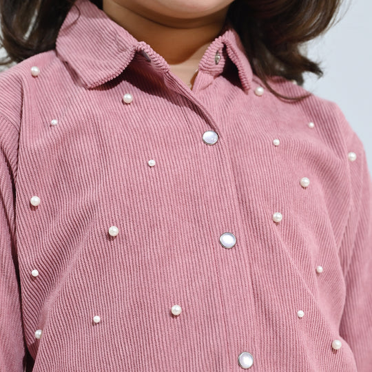 Girls Corduroy Emb Top Pearls and Diamonds-MAROON
