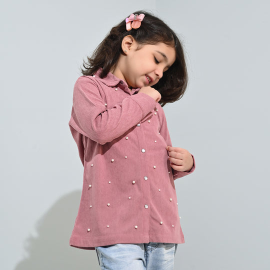 Girls Corduroy Emb Top Pearls and Diamonds-MAROON