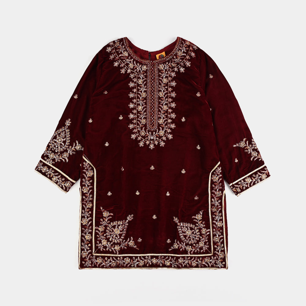 Girls Velvet Fancy 3Pcs Ronak-MAROON