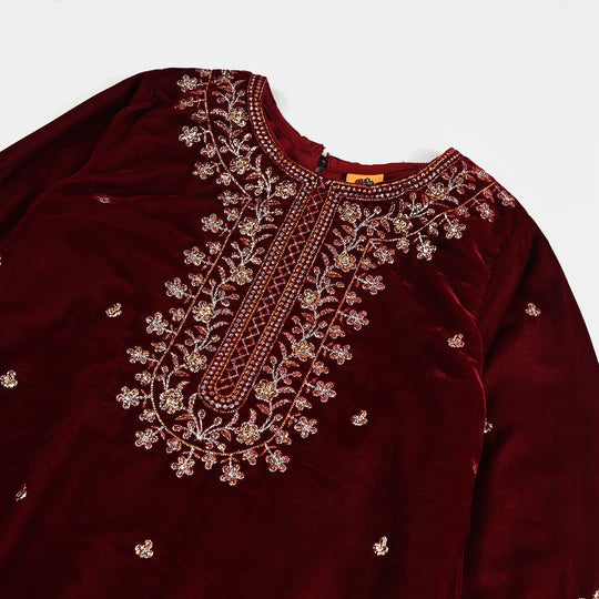Girls Velvet Fancy 3Pcs Ronak-MAROON