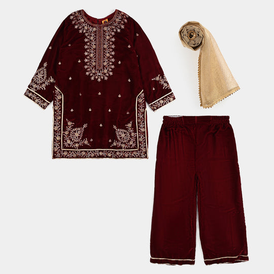 Girls Velvet Fancy 3Pcs Ronak-MAROON