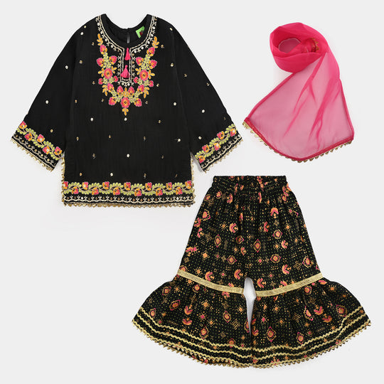 Infant Girls Raw Silk Fancy 3Pcs Falak-BLACK