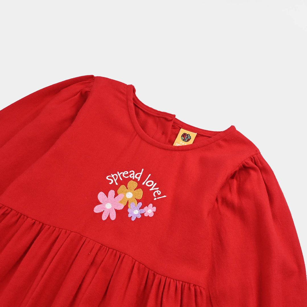 Girls Cotton EMB Frock Rose-Red