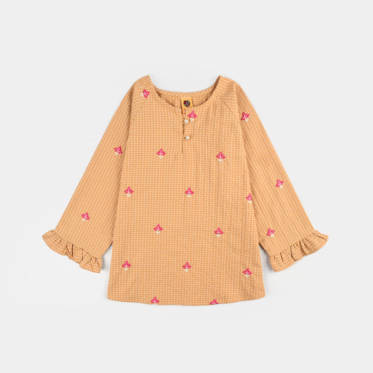 Girls Cotton Emb Top Mustard Checks-Mustard