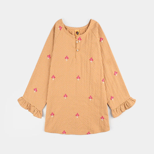 Girls Cotton Emb Top Mustard Checks-Mustard