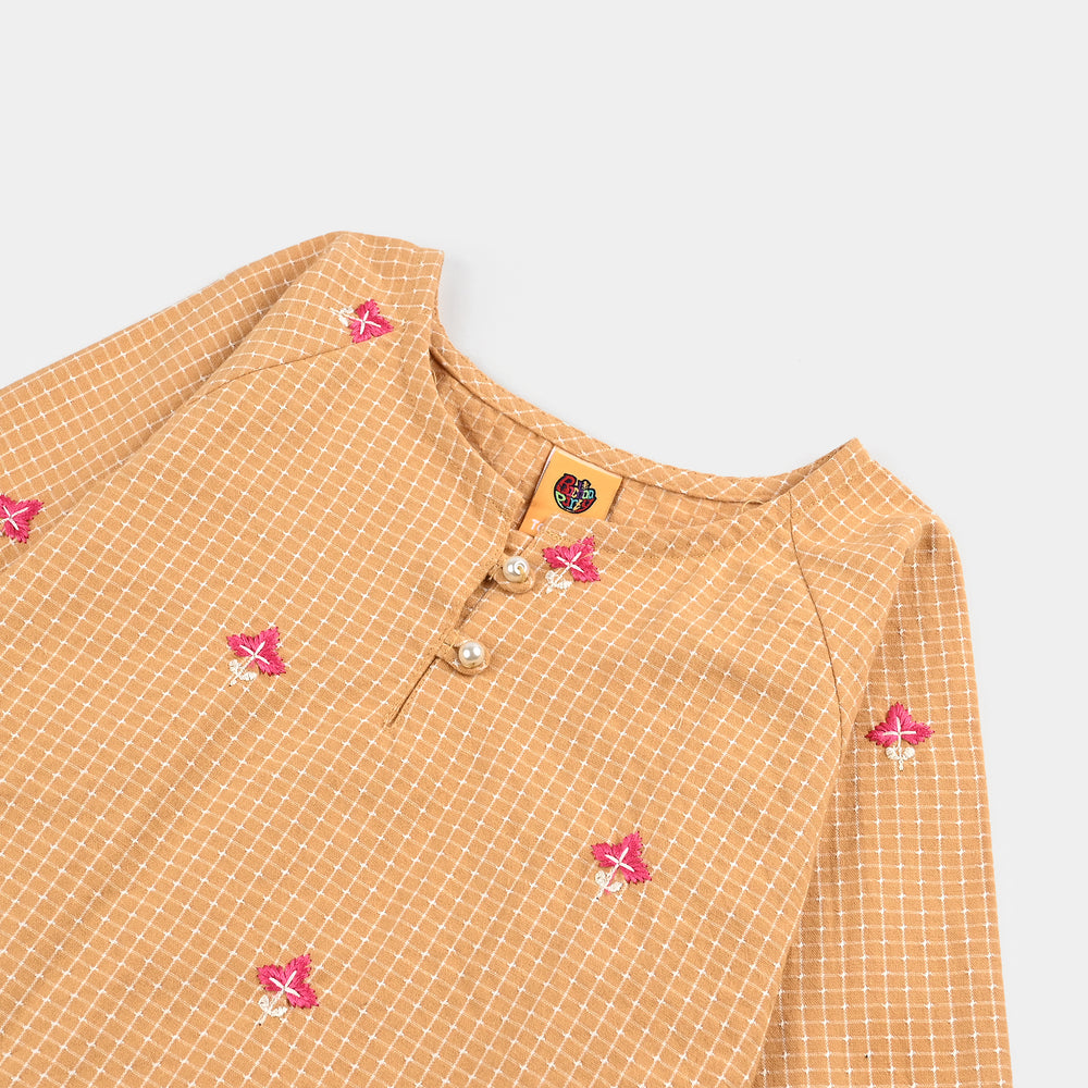 Girls Cotton Emb Top Mustard Checks-Mustard