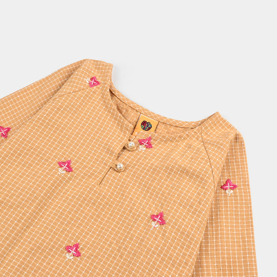 Girls Cotton Emb Top Mustard Checks-Mustard