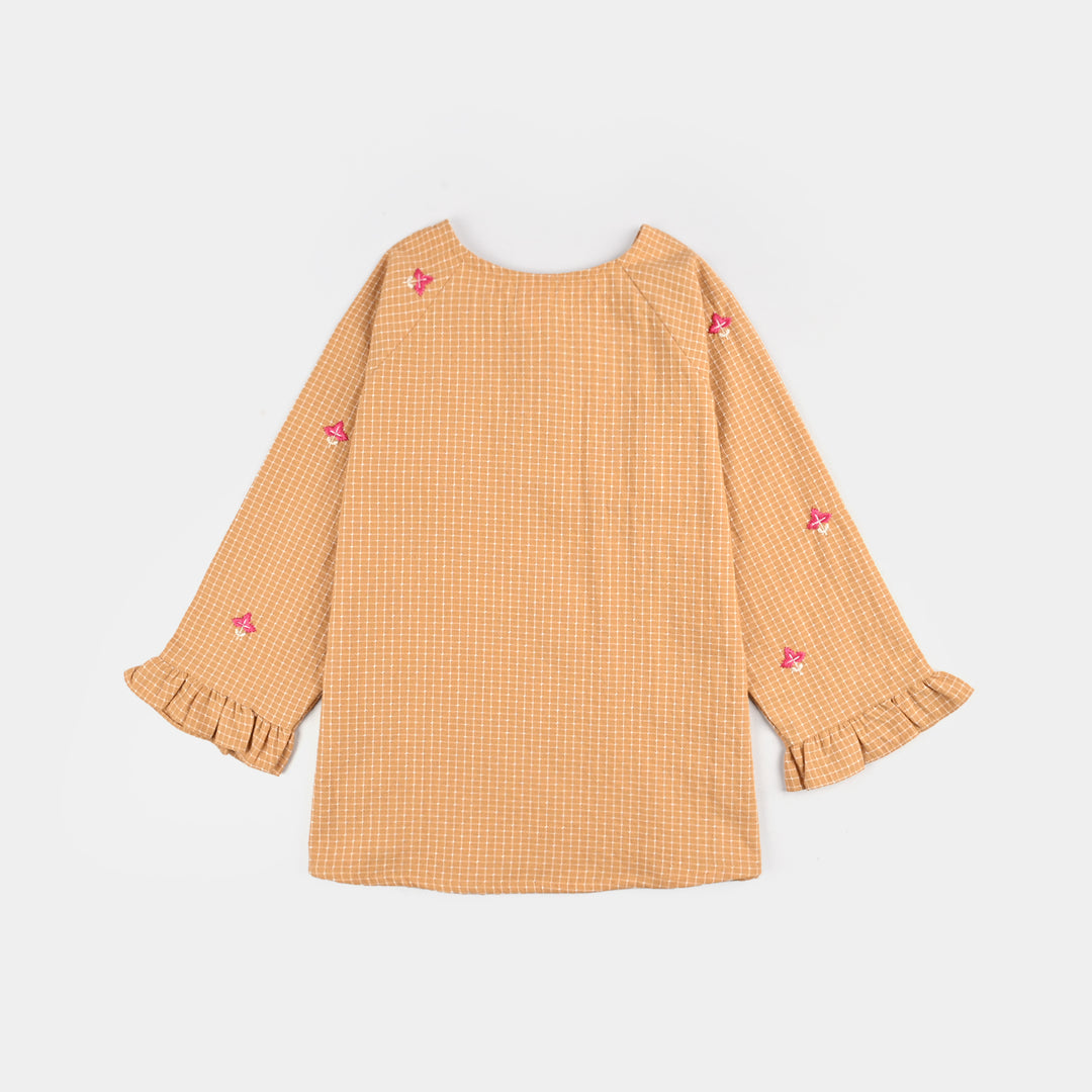 Girls Cotton Emb Top Mustard Checks-Mustard