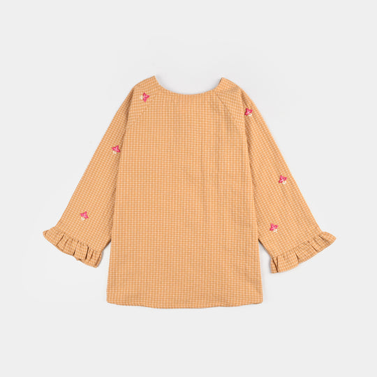 Girls Cotton Emb Top Mustard Checks-Mustard