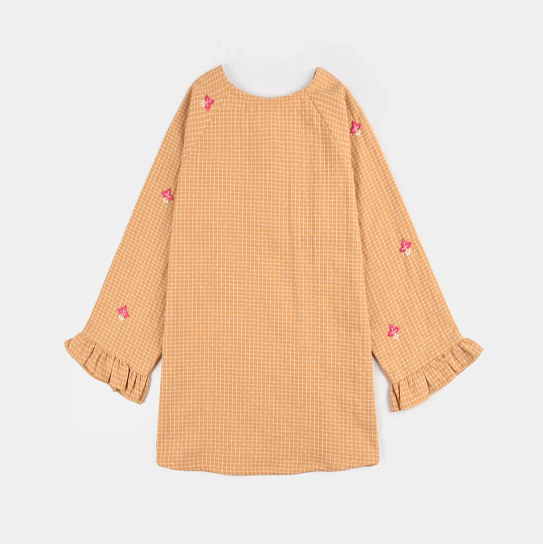 Girls Cotton Emb Top Mustard Checks-Mustard