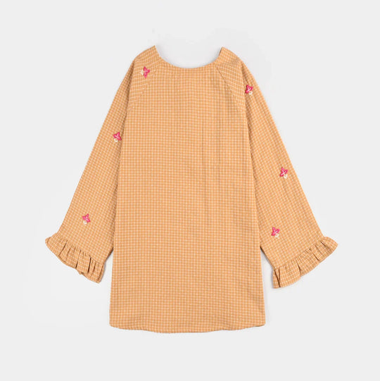 Girls Cotton Emb Top Mustard Checks-Mustard