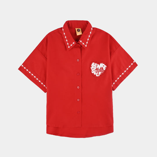 Girls Cotton Twill Emb Top Red Love-RED