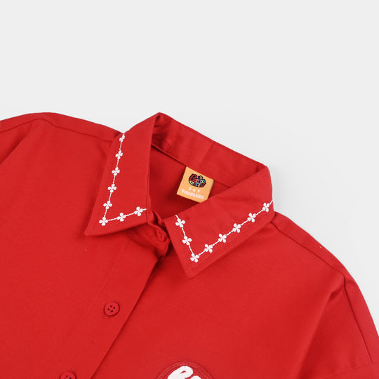 Girls Cotton Twill Emb Top Red Love-RED