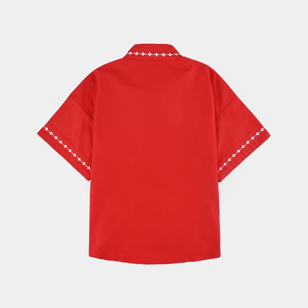 Girls Cotton Twill Emb Top Red Love-RED