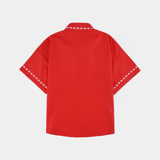 Girls Cotton Twill Emb Top Red Love-RED