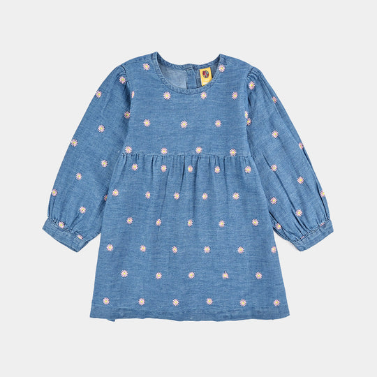 Girls Tencel Denim (Light Denim) Emb Top Flowers Garden - Mid Blue