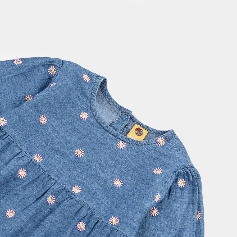 Girls Tensile Denim (Light Denim) Emb Top Flowers Garden - Mid Blue