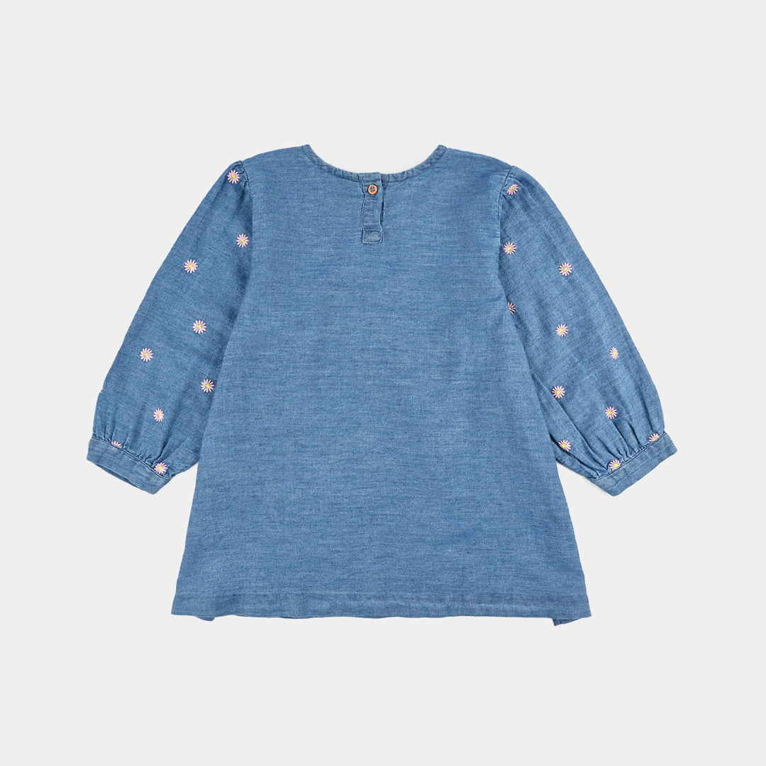 Girls Tensile Denim (Light Denim) Emb Top Flowers Garden - Mid Blue