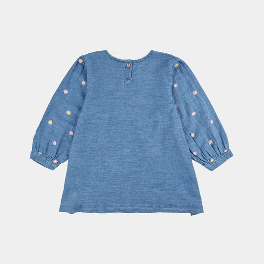 Girls Tensile Denim (Light Denim) Emb Top Flowers Garden - Mid Blue