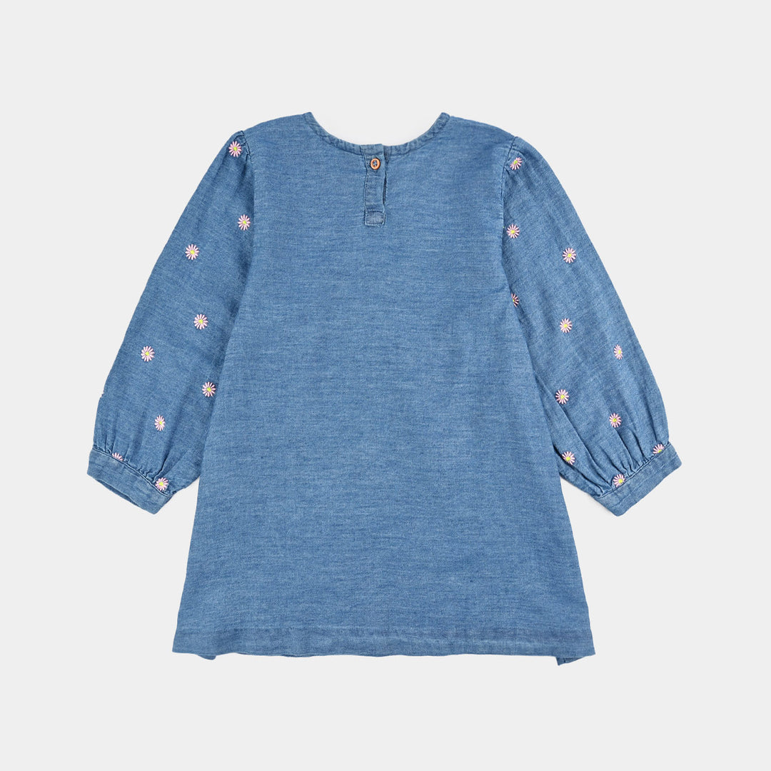 Girls Tencel Denim (Light Denim) Emb Top Flowers Garden - Mid Blue