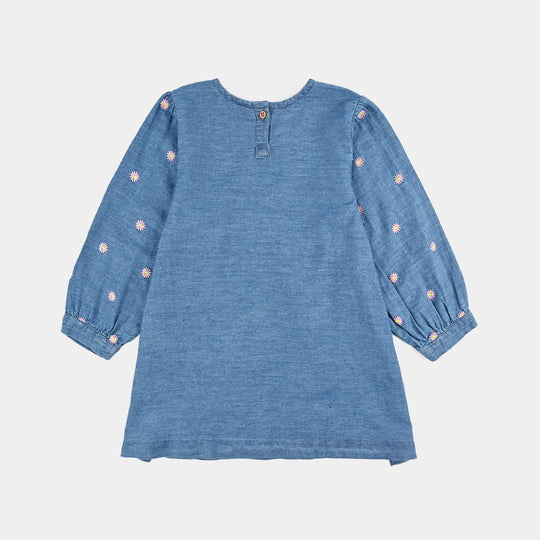 Girls Tencel Denim (Light Denim) Emb Top Flowers Garden - Mid Blue