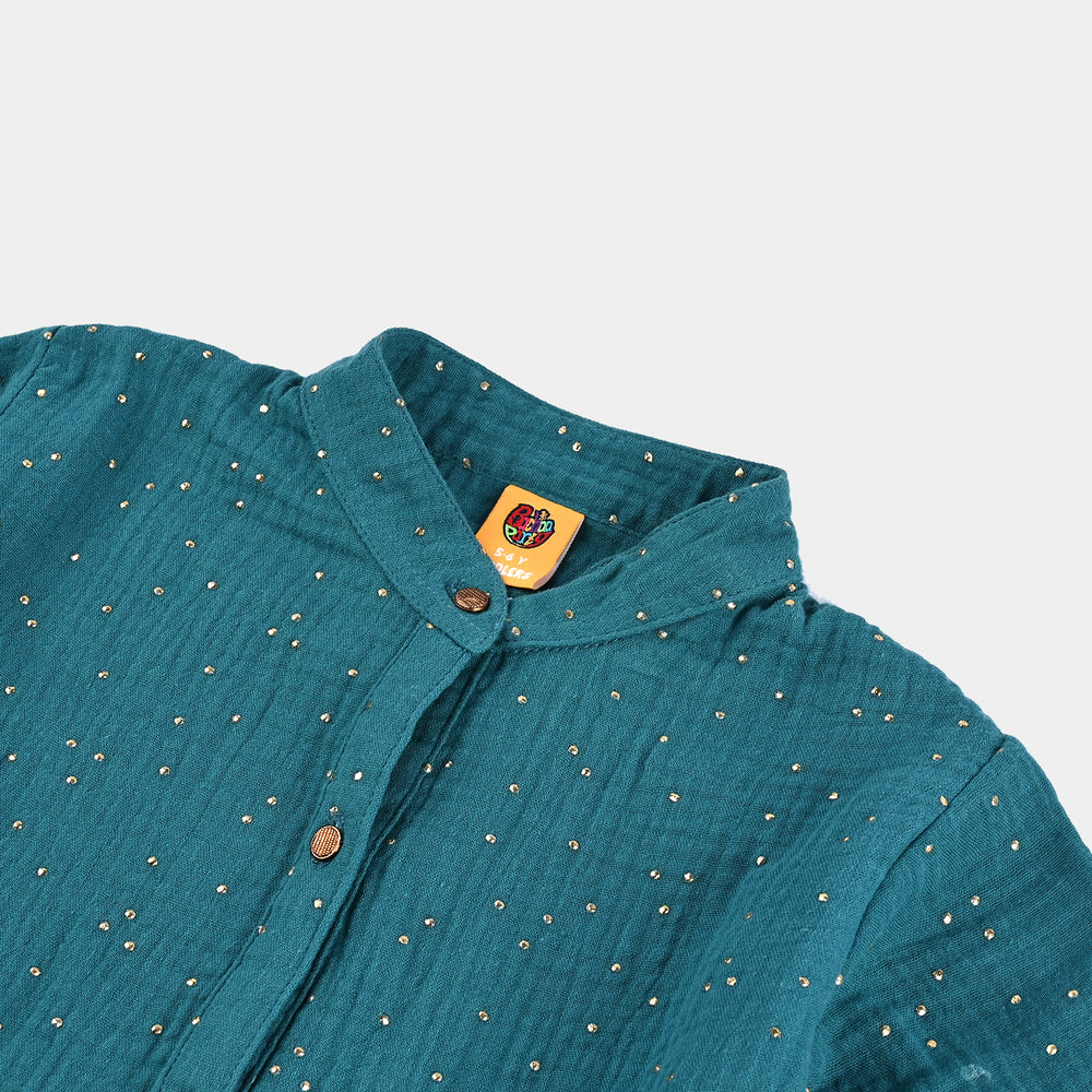 Girls Poly Crinkle Casual Top-Sea Green