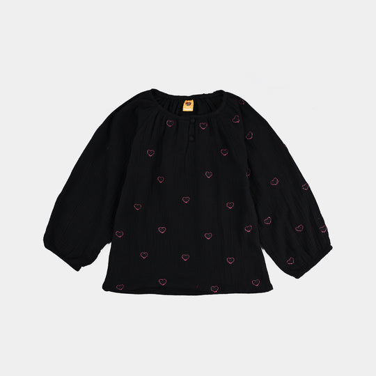 Girls Poly Crinkle Emb Top Pink Hearts - BLACK