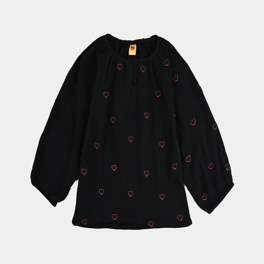 Girls Poly Crinkle Emb Top Pink Hearts - BLACK