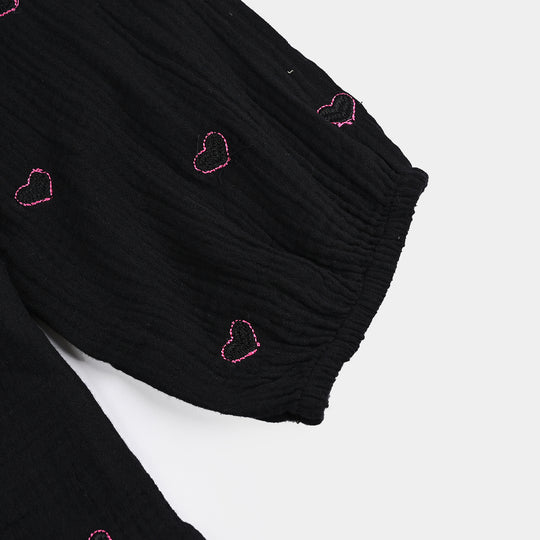 Girls Poly Crinkle Emb Top Pink Hearts - BLACK