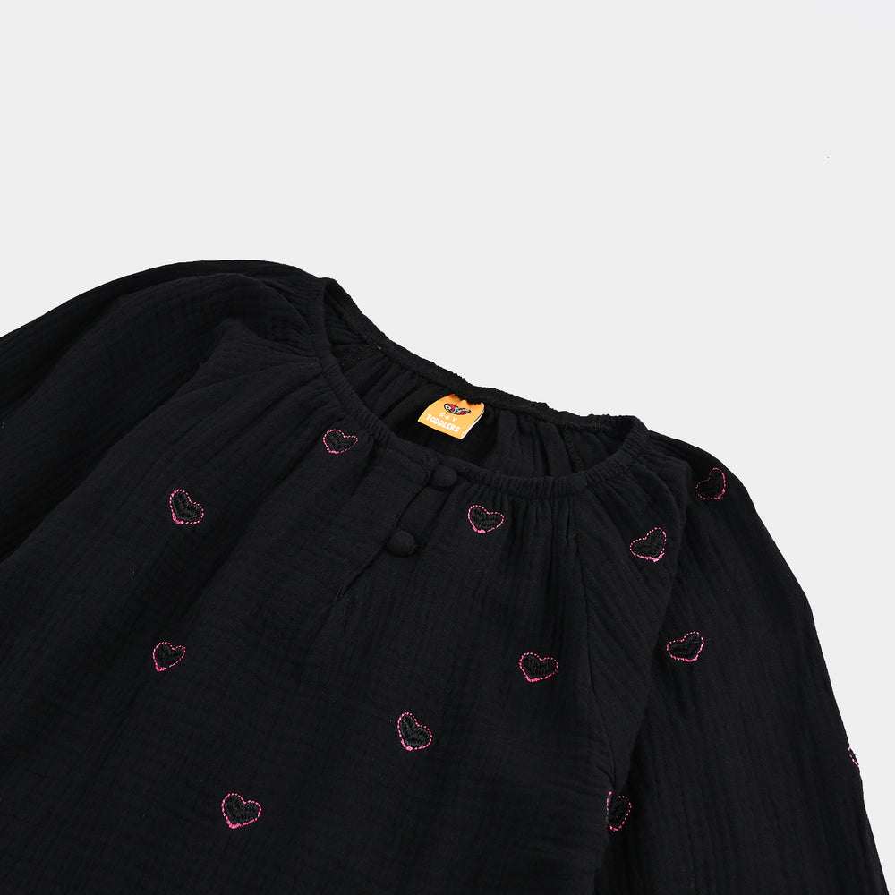 Girls Poly Crinkle Emb Top Pink Hearts - BLACK