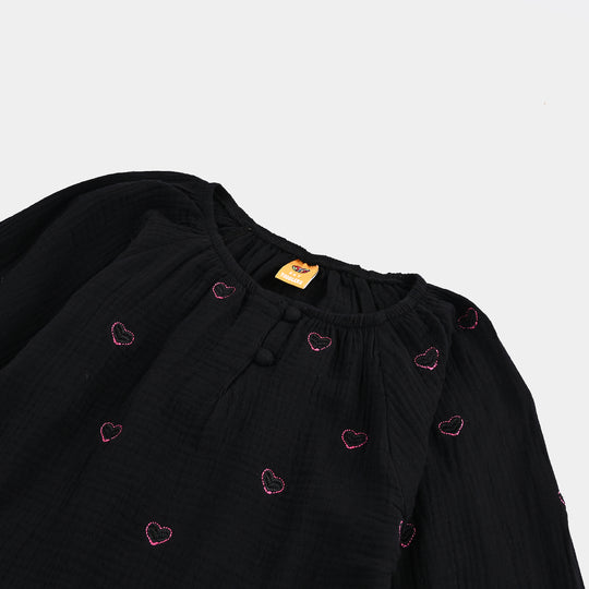 Girls Poly Crinkle Emb Top Pink Hearts - BLACK