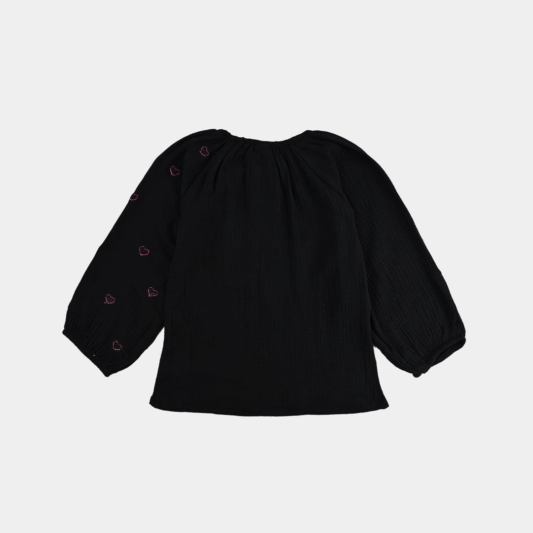 Girls Poly Crinkle Emb Top Pink Hearts - BLACK