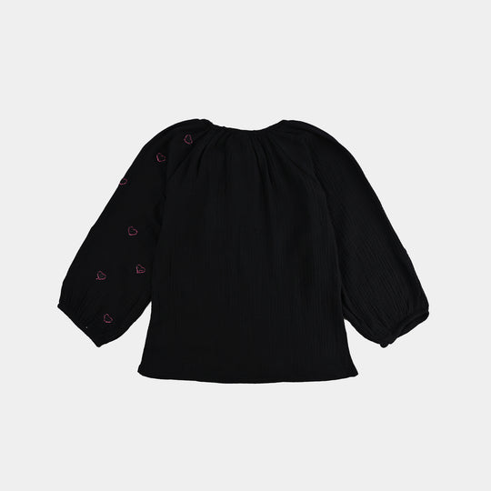 Girls Poly Crinkle Emb Top Pink Hearts - BLACK