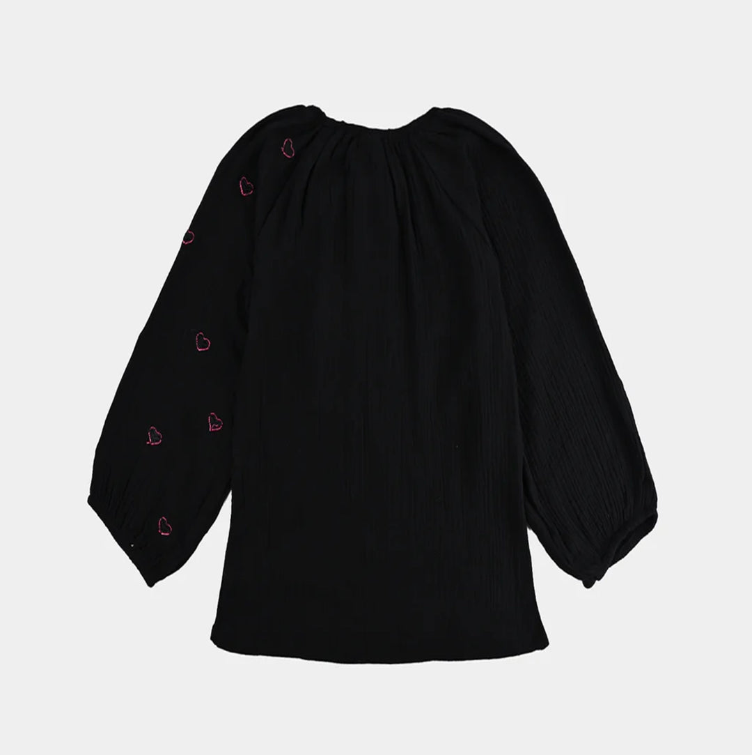Girls Poly Crinkle Emb Top Pink Hearts - BLACK