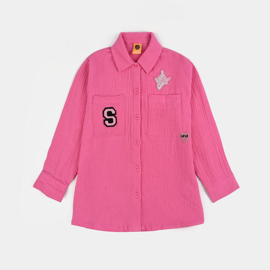 Girls Poly Crinkle Emb Top Pocket Style-PINK