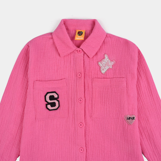 Girls Poly Crinkle Emb Top Pocket Style-PINK