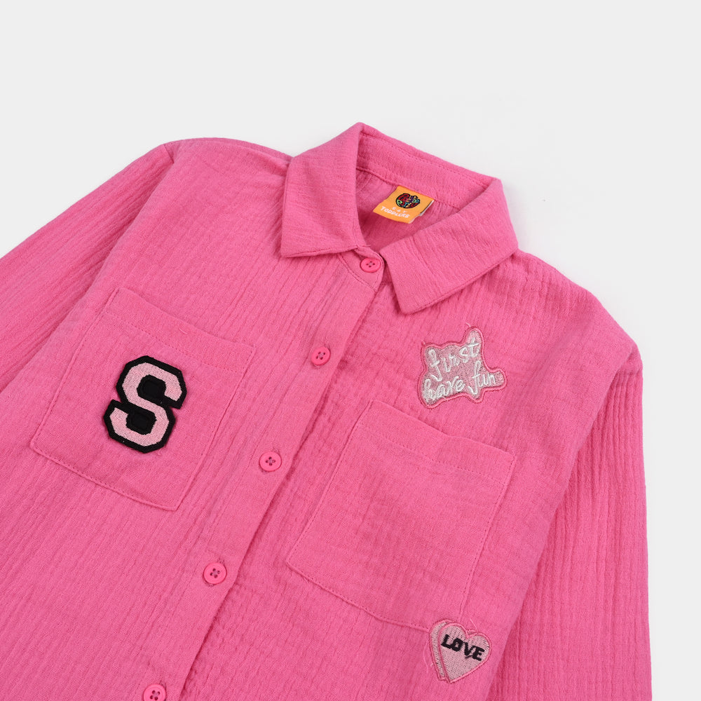 Girls Poly Crinkle Emb Top Pocket Style-PINK