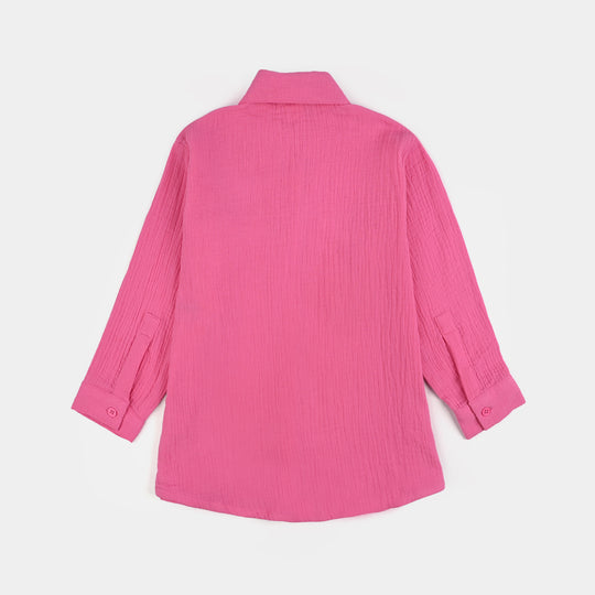 Girls Poly Crinkle Emb Top Pocket Style-PINK