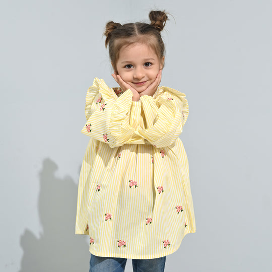 Girls Cotton Emb Top Pink Poppy-Yellow