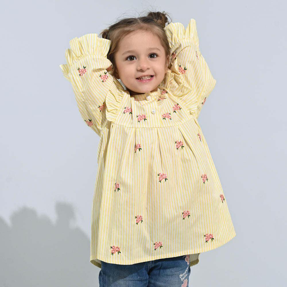 Girls Cotton Emb Top Pink Poppy-Yellow