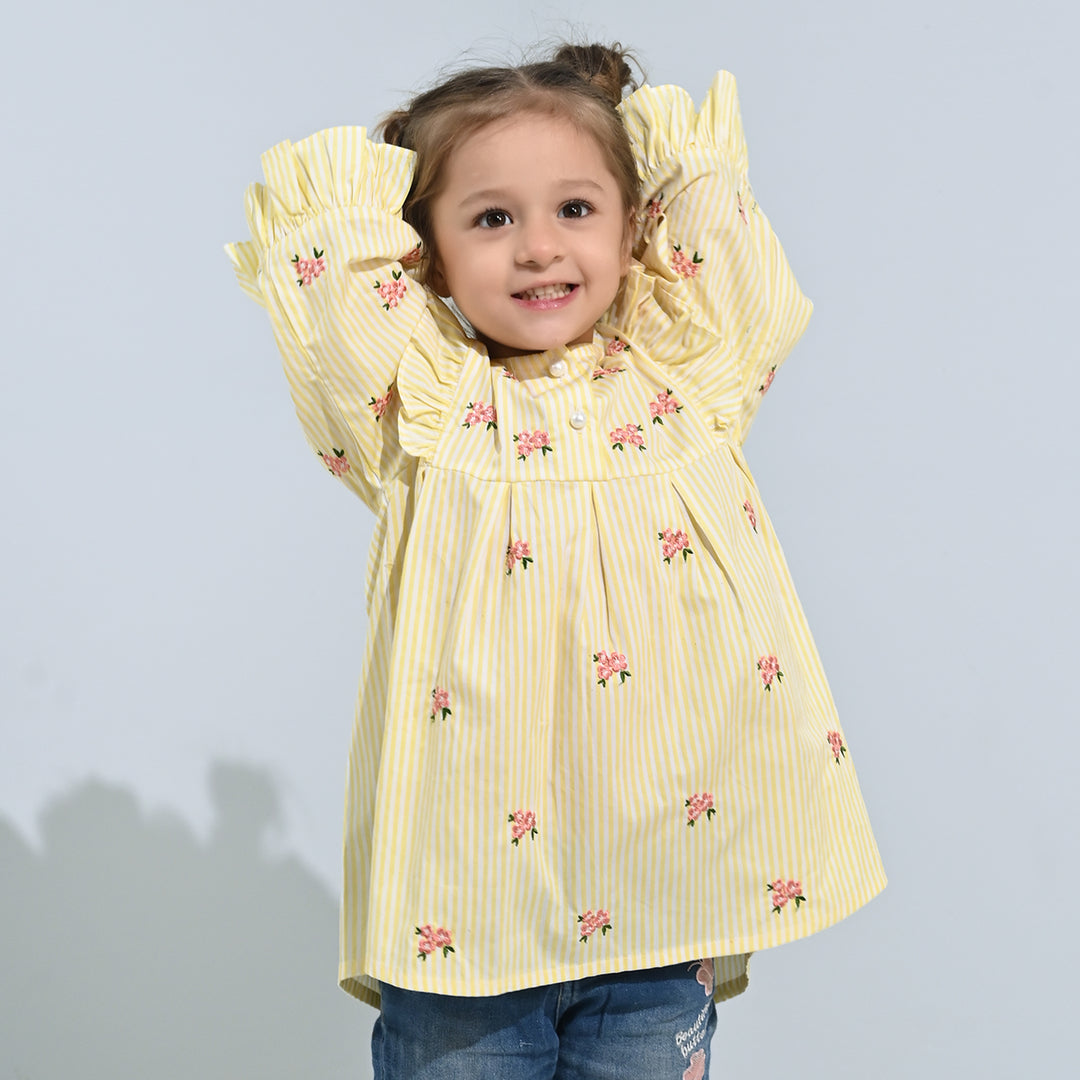 Girls Cotton Emb Top Pink Poppy-Yellow