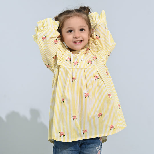 Girls Cotton Emb Top Pink Poppy-Yellow